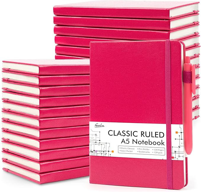 feela 24 Pack Journal Notebook for Work, Business Notebook Bulk Hardcover Lined Writing Journal with Pen Holder for Men Women Note Taking, with 24 Black Pens, 120 GSM, 5.1”x8.3”, A5, Berry