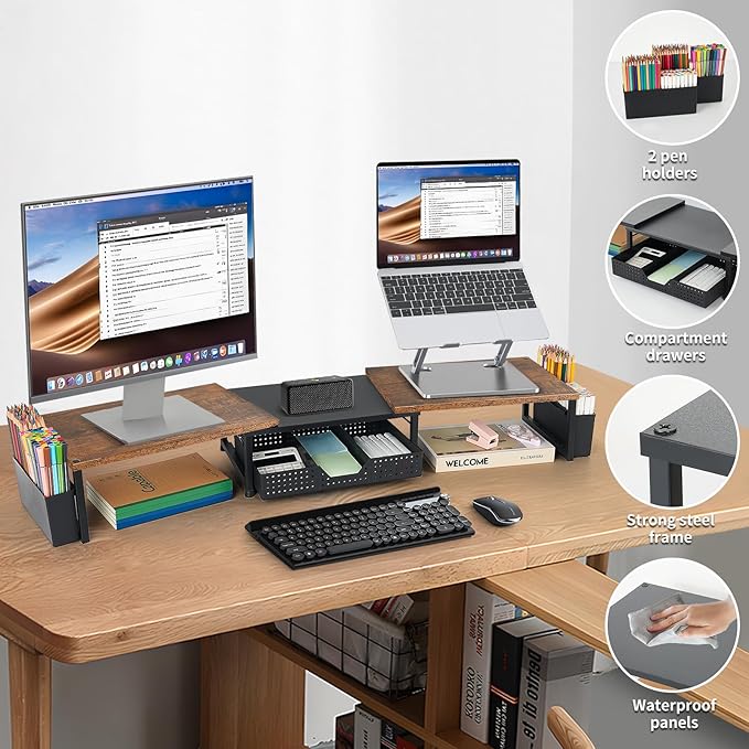 Desk Dual Monitor Stand Riser - Desk Organizer with Drawer and Pen Holders, Office Desk Accessories & Workspace Organization, Computer Monitor Stand for Laptop, Printer, TV, Office Decor, Wood
