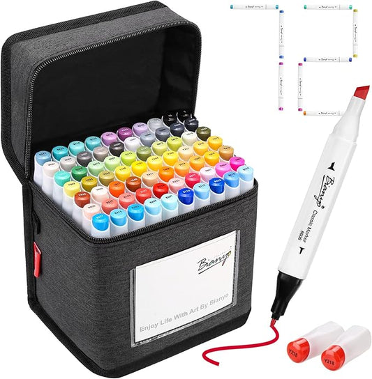 Bianyo 72 Colors Alcohol Markers Set, Dual Tip Art Markers with Bullet & Chisel Tips, Black Case with Customizable Card – Ideal for Coloring, Drawing, and Sketching as Thanksgiving & Christmas Gifts