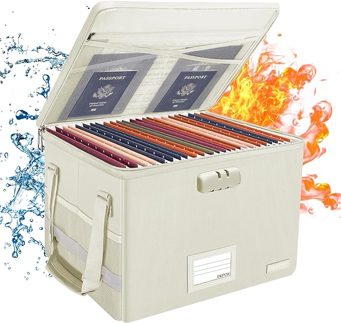 ENGPOW File Box with Lock, Fireproof Document Box with Zipper Lid, Collapsible File Storage Organizer Filing Cabinet with Handles, Portable Home Office Safe for Hanging Letter/Legal Folders, Beige