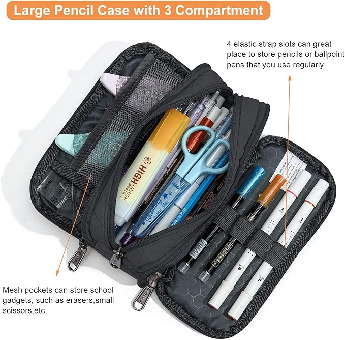 Della Gao Small Pencil Case Large Capacity Pencil Pouch Marker Pen Bag Coin Pouch Office Stationery Organizer (Black-3BKRH)