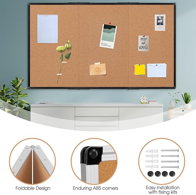 Board2by Extra Large Cork Bulletin Board 96" X 48", Foldable Notice Pin Board for Wall, Black Aluminum Framed 8'x4' Corkboard, Wall Mounted Noticeboard with 36 Push Pins for School, Home & Office