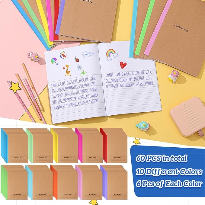 Henoyso 60 Pcs Primary Composition Notebook 9 3/4 x 7 1/2 Inch Kids Journal, Back to School Supplies, K-2 Primary Writing Notebook for Kids Student Draw and Write Story Journal (Stylish Color)