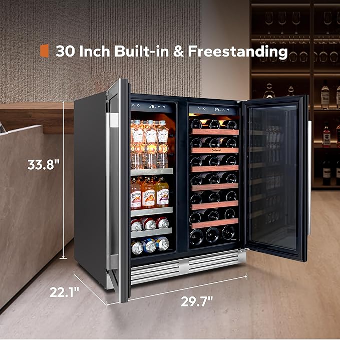 Ca'Lefort 30 Inch Wine and Beverage Refrigerator, 80 Can and 33 Bottle Wine Fridge Dual Zone 36-72°F, 3 LED Beverage Fridge Built in or Freestanding, Perfect for Home/Kitchen(6.00 cu.ft)