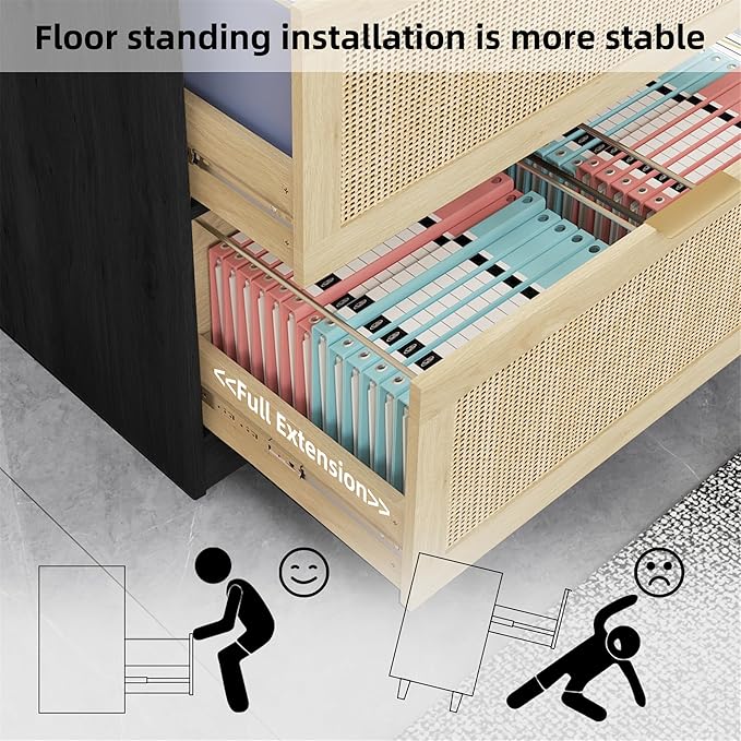 HOPUBUY 2 Drawer File Cabinet with Lock, Printer Stand Lateral Filing Cabinets for Home Office and School, Wood Rattan File Cabinet for Hanging Files/Letter/Legal/A4/F4 Size, Black