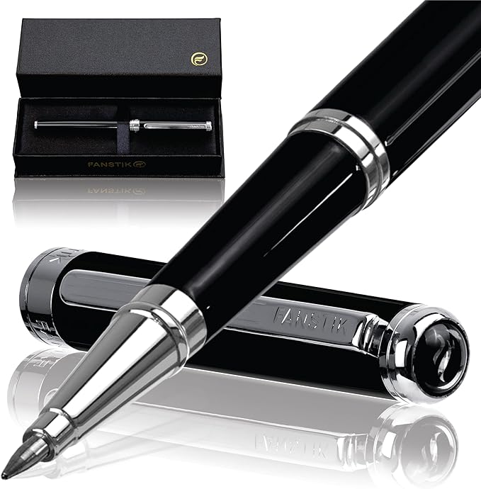 Black & Silver Luxury Rollerball pen (Made In USA) fancy gift set for women, Chrome Finish, Professional executive pen gift set for men (Lux Rollerball Black-Silver)