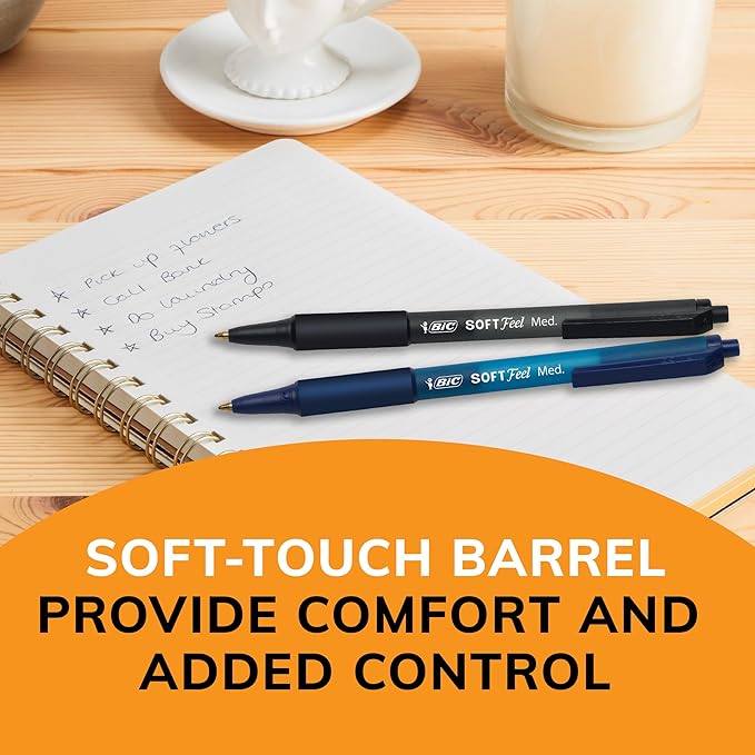 BIC Soft Feel Blue Retractable Ballpoint Pens, Medium Point (1.0mm), 12-Count Pack, Blue Pens With Soft-Touch Comfort Grip