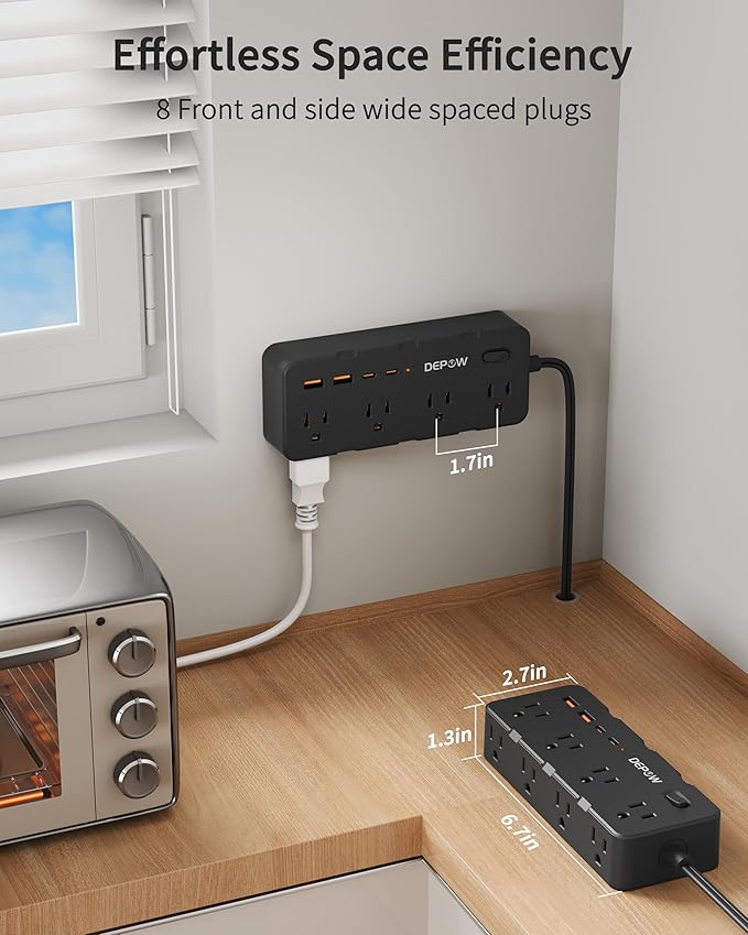 Black 2 Prong Power Strip, 2 to 3 Prong Outlet Adapter with 8 AC & 4 USB Ports (2 USB C), 6 FT Extension Cord, 1700J Two Prong Surge Protector, Wall Mountable, Ideal for Old House