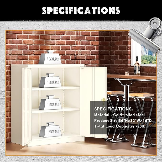 Greenvelly Metal Garage Storage Cabinet, Lockable Metal Cabinets with 2 Doors and Shelves,36”Steel Storage Locking Counter Cabinet for Office,Garage,Kitchen,Home,School(Grey)