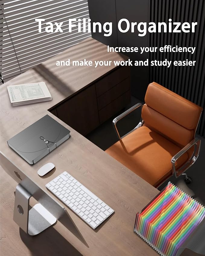 Expanding File Folder, 24 Pocket Accordion A4 Letter Size Portable Document Organizer with Colored Tabs, Expandable Bill Coupon Folder - Black