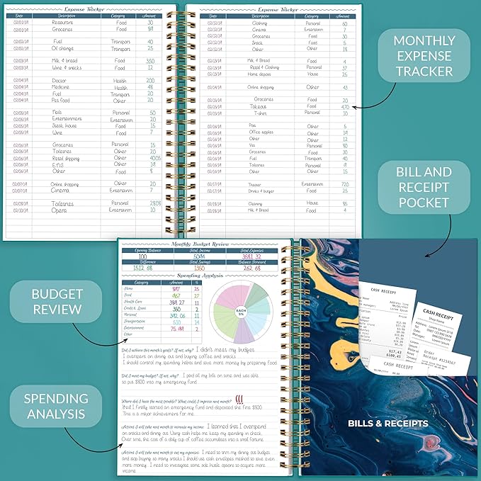 GoGirl Budget Planner & Monthly Bill Organizer – Monthly Financial Book with Pockets. Expense Tracker Notebook Journal, Large (Turquoise)