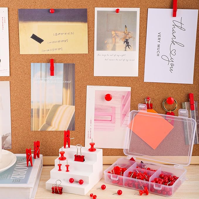 BESARME 200 Pieces Red Push Pins, 5 Style Thumb Tacks Decorative Pins for Cork Board Bulletin Wall Craft Office Home Supplies