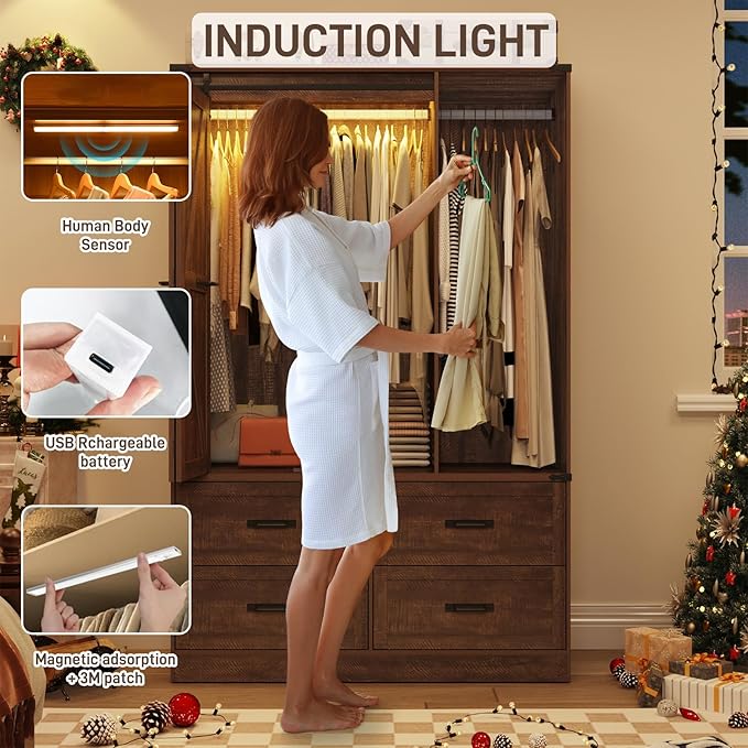 Farmhouse 3 Doors Armoire Wardrobe Closet w/Folding Sliding Barn Door and Lights, LED Armoire Closet w/Drawers for Bedroom, Freestanding Wooden Wardrobe Storage Closets w/Hanging Rod,Rustic Brown