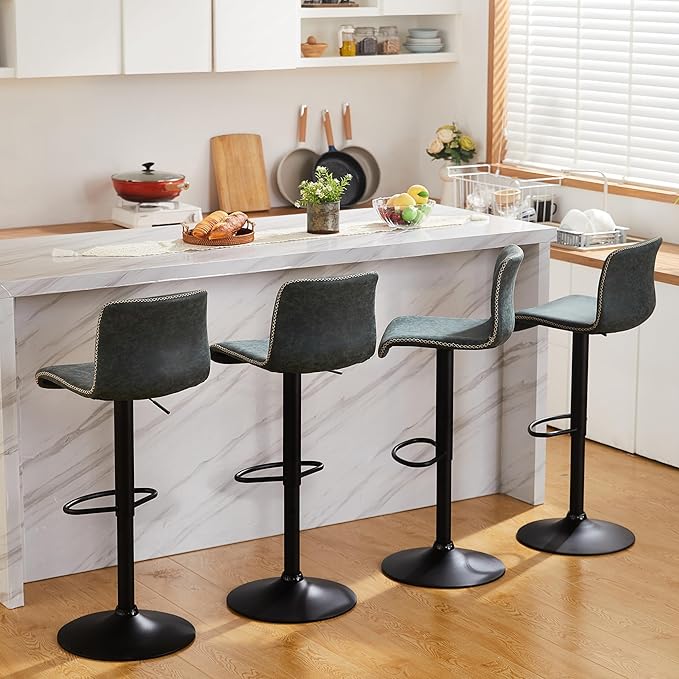 HeuGah Bar Stools Set of 3, Swivel Counter Height Barstools with Back, Adjustable Height 24" to 32", Faux Leather Bar Chairs for Kitchen Island (Deep Teal, Set of 3 (24'' to 32''))