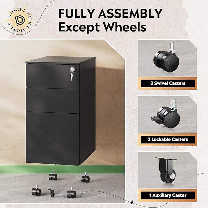 DEVAISE 3 Drawer File Cabinet with Lock, Metal Rolling Filing Cabinets for Home Office, Small Under Desk Cabinet with Slim Width (11.8 inch), Black