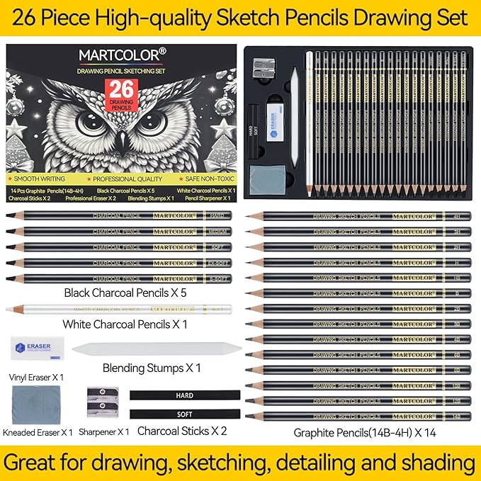 Drawing Sketching Pencil Set, 26 Pieces, Graphite Pencils (14B-4H), Charcoal Pencils, Charcoal Sticks, Blending Stump, Eraser, Sharpeners, Artist Pencils for Beginners & Pro Artists