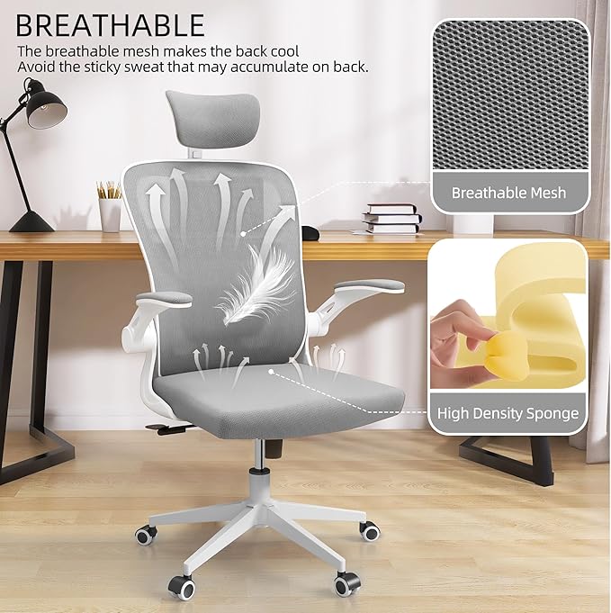 Ergonomic Office Chair, High-Back Mesh Computer Desk Chair with Adjustable Height, Lumbar Support, Flip-Up Armrests,headrest，and Swivel Rolling Design for Home and Office Use