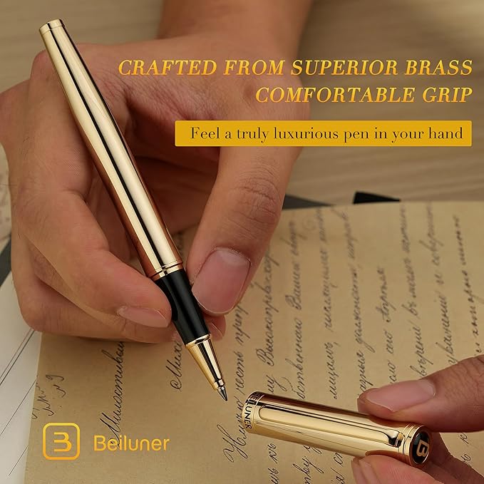 BEILUNER Luxury Gold Rollerball Pen, Stunning Pens with 24K Gold Finish, Noble and Elegant Designs,Schneider Ink Refill, Fancy Gift Set for Men & Women, Executive Writing, Office, Nice Graduation Gift