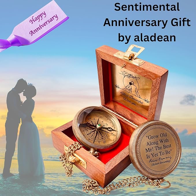 Gift for Husband Wife - Brass Compass 2" | Engraved Quote Birthday Wedding Anniversary Christmas Romantic Love Gifts idea for Boyfriend Girlfriend Men Women Him Her (Grow Old Along with Me)