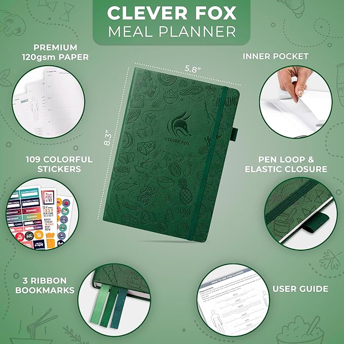 Clever Fox Weekly Meal Planner - Weekly & Daily Meal Prep Journal with Shopping and Grocery Lists for Menu Planning, Healthy Diet & Weight Loss Tracking, Lasts 1 Year, Undated, A5 - Forest Green