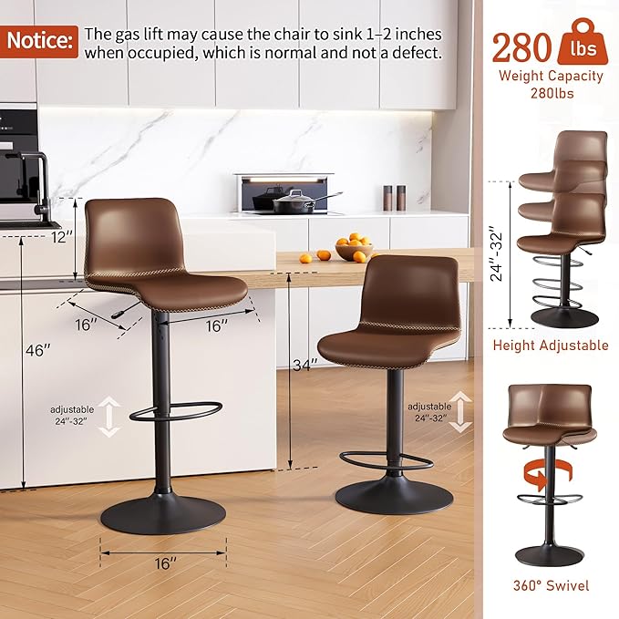 HeuGah Bar Stools Set of 3, Swivel Counter Height Barstools with Back, Adjustable Height 24" to 32", Brown Faux Leather Bar Chairs for Kitchen Island (Brown, Set of 3 (24'' to 32''))