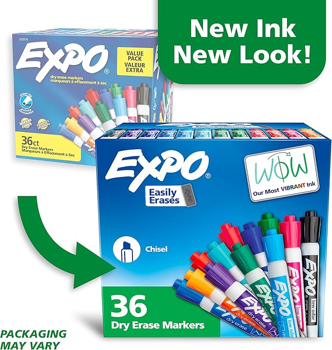 EXPO Low Odor Dry Erase Markers Chisel Tip Assorted Fashion Colors 36 Count for Classroom Office & Home Use
