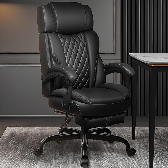 Executive Leather Office Chair, Big and Tall Office Chair with Footrest Home Office Desk Chairs, Ergonomic Computer Desk Chair with Lumbar Support, Reclining Desk Chair with Adjustable Angle