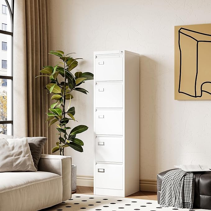File Cabinets - 5 Drawers Vertical 17.8" Deep Lockable Filing Cabinet - White Metal Storage Cabinets for Home Office to Hanging Files Letter/Legal/F4/A4 Size