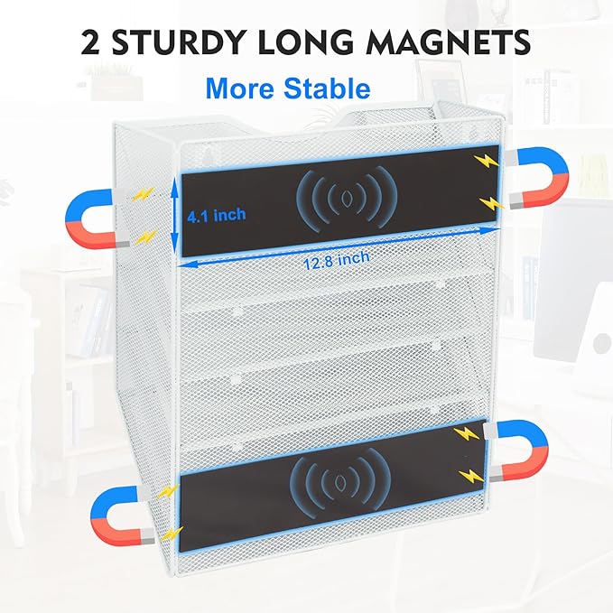 EASEPRES Magnetic 5 Pocket Mesh Hanging File Organizer, Wall Mounted Mail Paper Document Folder Holder, Clipboard Storage Organization Magazine Rack with Nametag Label for Office Home School, White