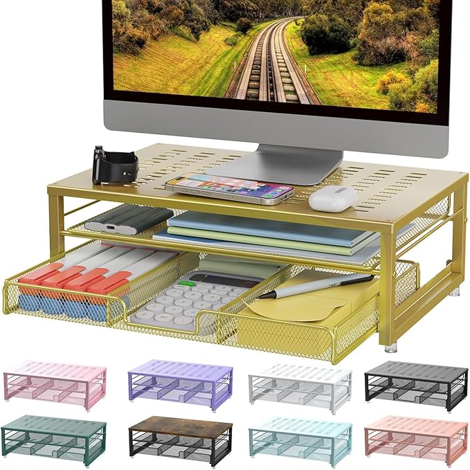 gianotter Computer Monitor Stand Riser, office organizer with Drawer, Office Organizers Storage for Classroom Office Supplies (Gold)