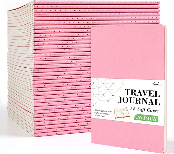 feela 36 Pack Soft Cover Journal Bulk, Lined Blank Travel Journal for Women Men Writing, Notebooks College Ruled for Work, Note Taking Notebook School Business Supplies, 8.2” x 5.5”, A5, Pink