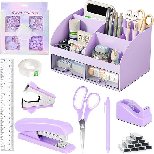 Desk Accessories with Pen Holder, Office Supplies Desk Organizers and Accessories, Tape Dispenser, Stapler, Staple Remover, Staples, Clips Set, Ruler, Scissor, Pen, Tape (Purple)