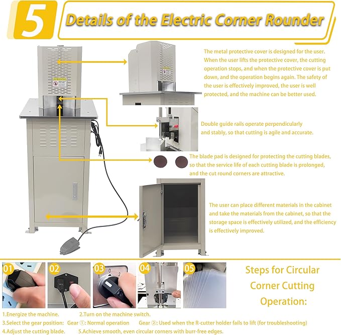 Electric Round Corner Cutter Machine with 5 Blades (8/10/12/16/21mm Radius) Foot Pedal Operation Safety Guard Heavy Duty Paper Corner Rounder for Paper Cardstock Leather Plastic