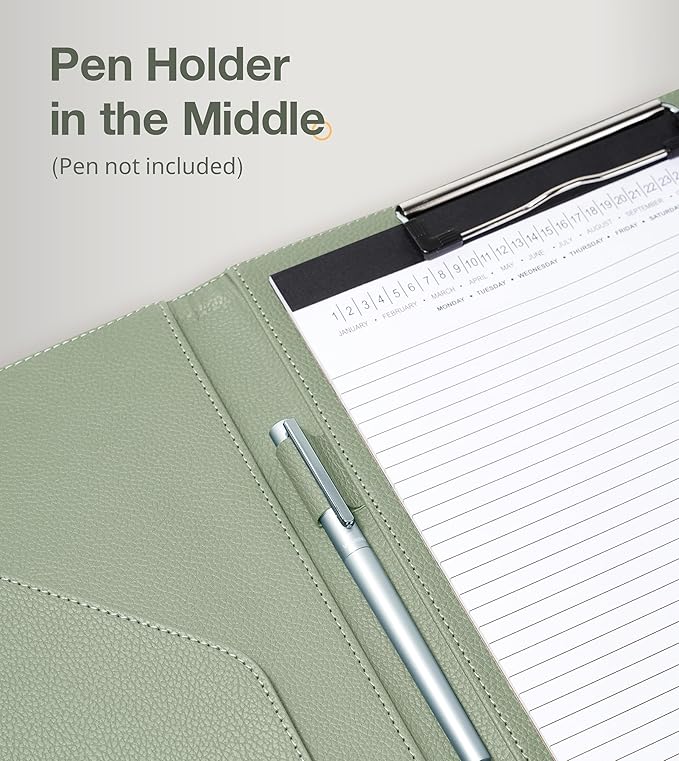 Clipboard Folder Padfolio, Mymazn Writing Portfolio Faux Leather Clipboards with Cover for Legal Pad Holder Letter Size A4 8.5 x 11 for Business Conference Notepad Clip Board (Sage)