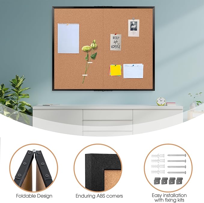 Board2by Extra Large Cork Bulletin Board 48" X 48", Foldable Notice Pin Board for Wall, Black Wood Framed 4'x4' Corkboard, Wall Mounted Noticeboard with 32 Push Pins for School, Home & Office