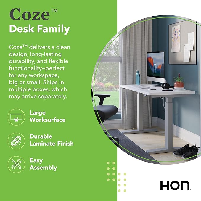 HON Coze Electric Standing Desk Adjustable Height, Coordinate Height Adjustable Desk, 48", Natural Recon Top, Silver Base