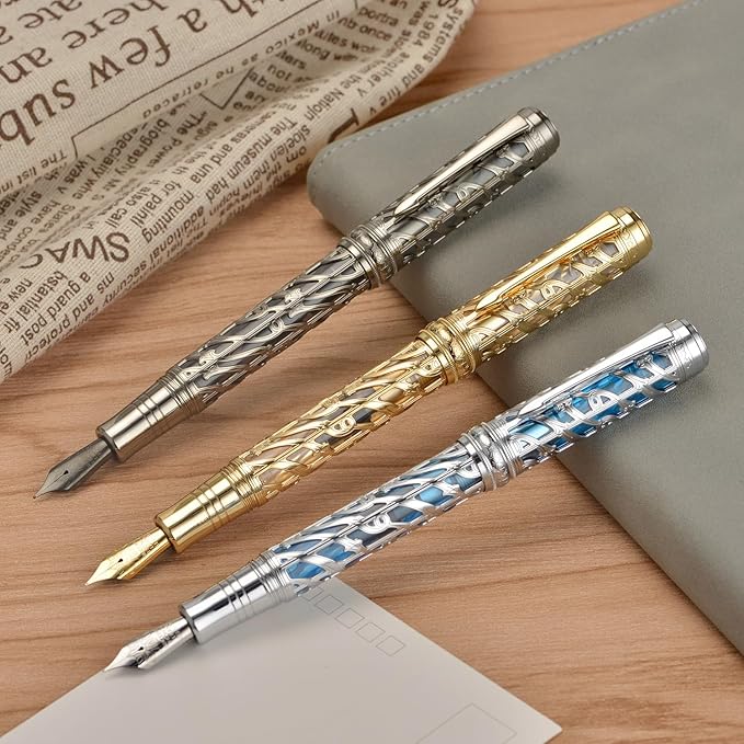 Hongdian A6 Piston Fountain Pen Fine Soft Nib, Silver Blue Hollow Skeleton & Resin Pen with Metal Case Set