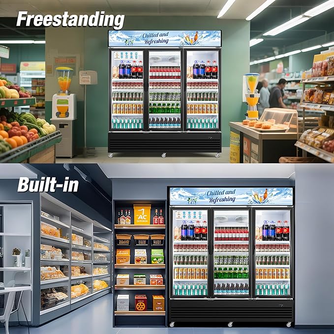 Commercial Beverage Refrigerator, 75" W 60 Cu. Ft. Commercial Drink Fridge, Display Refrigerator with 3 Glass Door, Commercial Display Fridge with 12 Adjustable Shelves, for Shop, Restaurant, Bar
