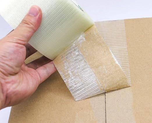 BOMEI PACK Fiber Reinforced Packing Tape 3 inch, Wide Clear Heavy Duty Bi Directional Filament Strapping Tape 3Inch x 55yds 6.7Mil, Total 4Rolls 220yds