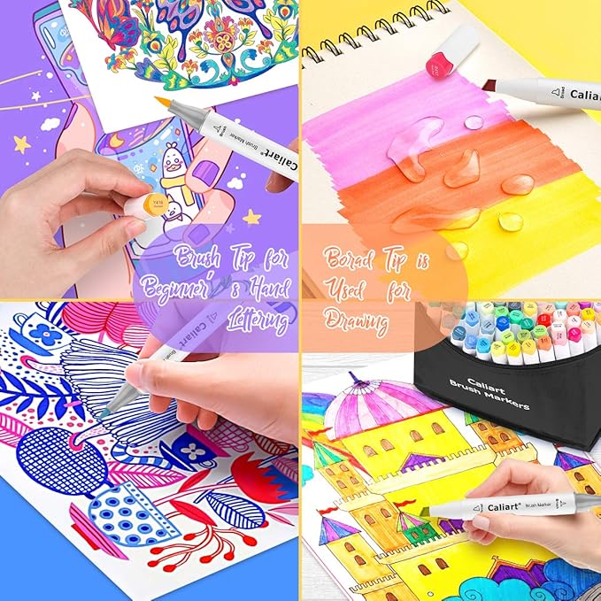 Caliart Alcohol Brush Markers, 121 Colors Dual Tip Artist Brush & Chisel Tip Sketch Art Markers, Aesthetic Cute Preppy Stuff School Supplies, Pens for Lettering Cards Drawing Mothers Day Gift for Mom
