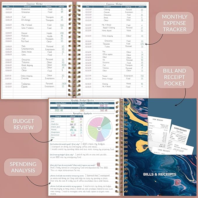 GoGirl Budget Planner & Monthly Bill Organizer – Monthly Financial Book with Pockets. Expense Tracker Notebook Journal, Large (Rose Gold)