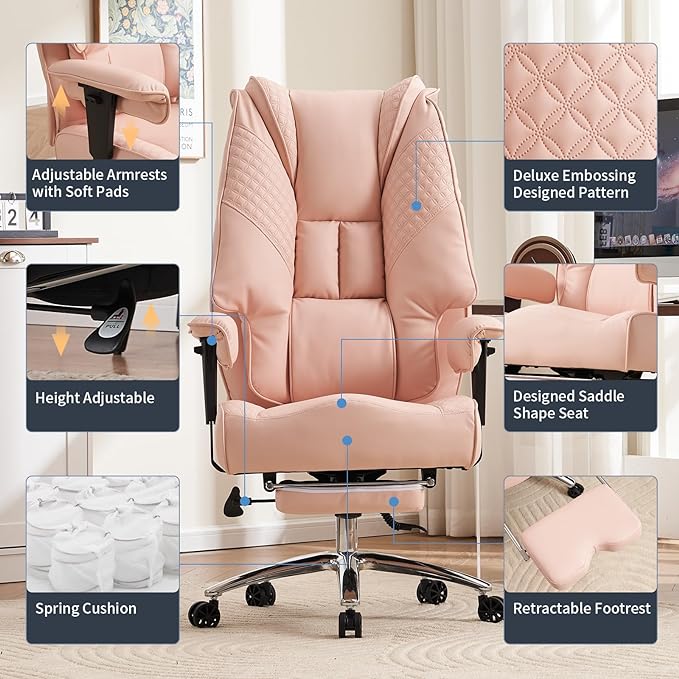Big and Tall Office Chair 400lbs Wide Seat, Leather High Back Executive Office Chair with Foot Rest, Ergonomic Chairs Lumbar Support for Lower Back Pain Relief (Light Pink)
