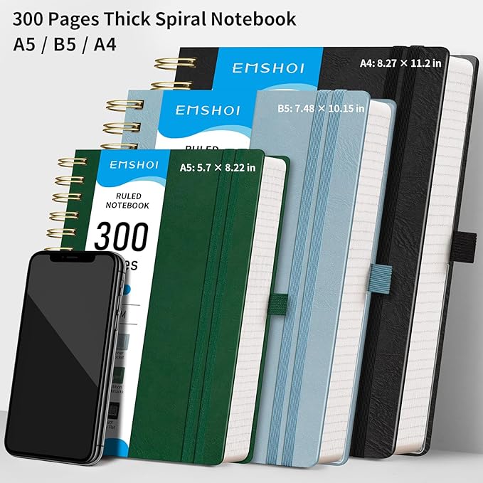 EMSHOI A5 Leather Hardcover Spiral Notebook College Ruled, 300 Numbered Pages, 100GSM, Lined Journal for Women Men, Work, Writing, Note-Taking, Journaling – Dark Green, 5.7”x8.22”