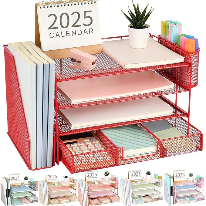 gianotter Paper Letter Tray Organizer with File Holder, 4-Tier Desk Accessories & Workspace Organizers with Drawer and 2 Pen Holder, Desk Organizers and Accessories for Office Supplies (Red)
