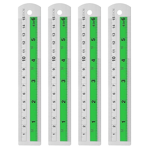 HARFINGTON 4pcs Metal Straight Ruler 15cm Metric SAE Aluminum Alloy Measuring Rulers Scale Tool with Hole for Measure Study Reading Classroom Office, Green