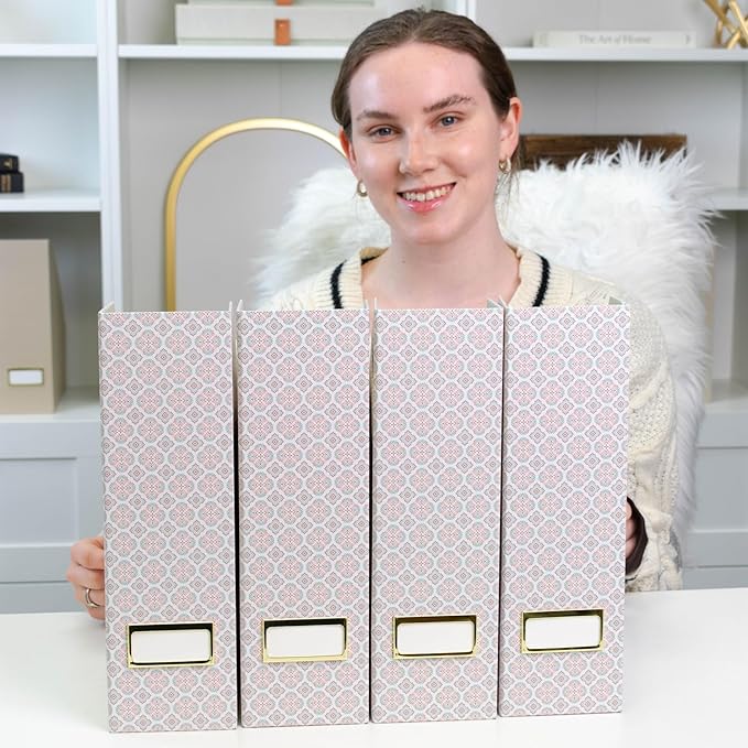 BLU MONACO Foldable Magazine File Holder Set of 4 with Moroccan Tile Design – Decorative Cardboard Magazine Organizer for Home, Office & Dorm Room – Stylish Magazine Storage Solution