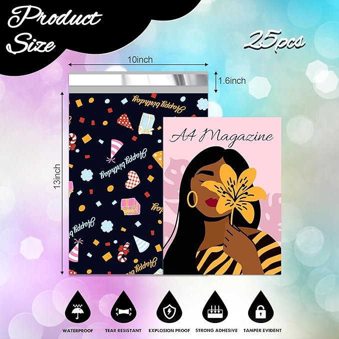 Happy Birthday Poly Mailer 10x13 Inch 25 Pcs, Waterproof Shipping Bags for Clothing, Tear-Resistant Mailier Bags, Strong Mailing Bags with Self-Seal