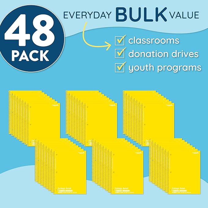 Blue Summit Yellow Spiral Notebooks Bulk, One Subject Spiral Notebook College Ruled, Perforated Notebook, 8 x 10.5 for Work and School, Paper, College Ruled, Bulk 48 Pack