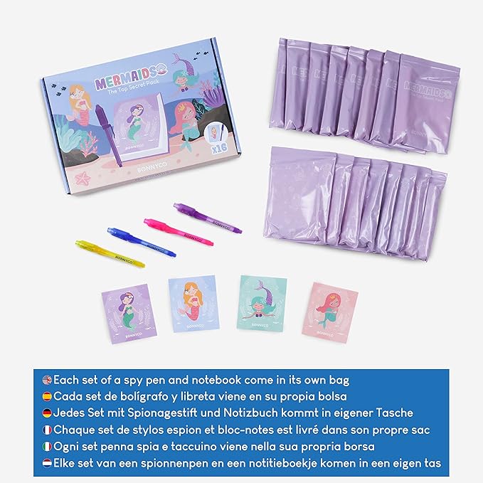 BONNYCO Invisible Ink Pen and Notebook Pack 16 Mermaid Party Favors for Kids, Magic Spy Pen Goodie Bags Stuffers for Kids, Mermaid Party Supplies, Goody Bag Stuffers | Return Gifts Birthday Prizes