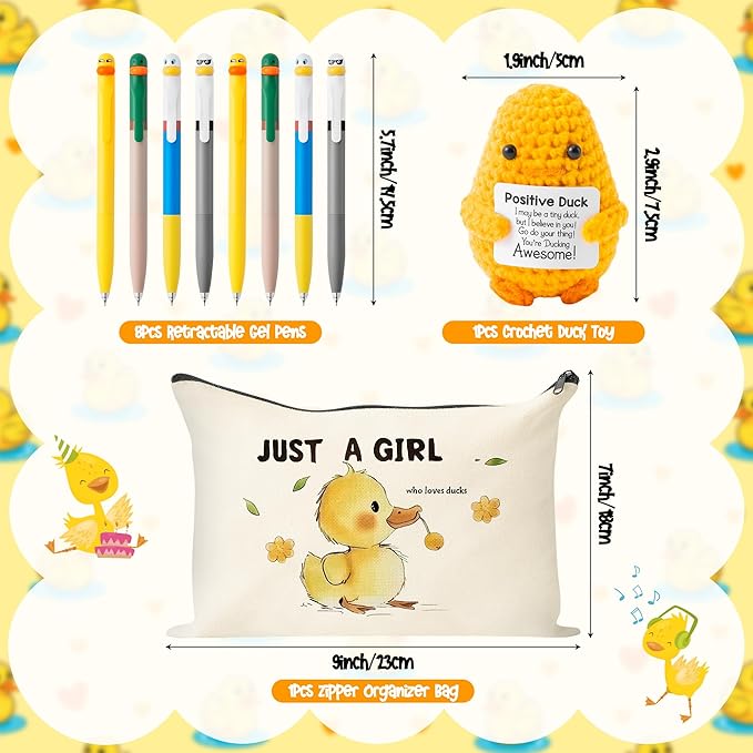Ducks Gel Ink Pens - 10Pcs Happy Knitted Duck Stress Relief Stationery Set Little Yellow Duck Accessories Lovely Retractable Gel Pens Zipper Organizer Pen Pouch Kids' Birthday Party Favor Gift